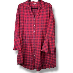 Cato Red Plaid 100% Cotton Button Down Flare Sleeves Pleated Mini Dress XL